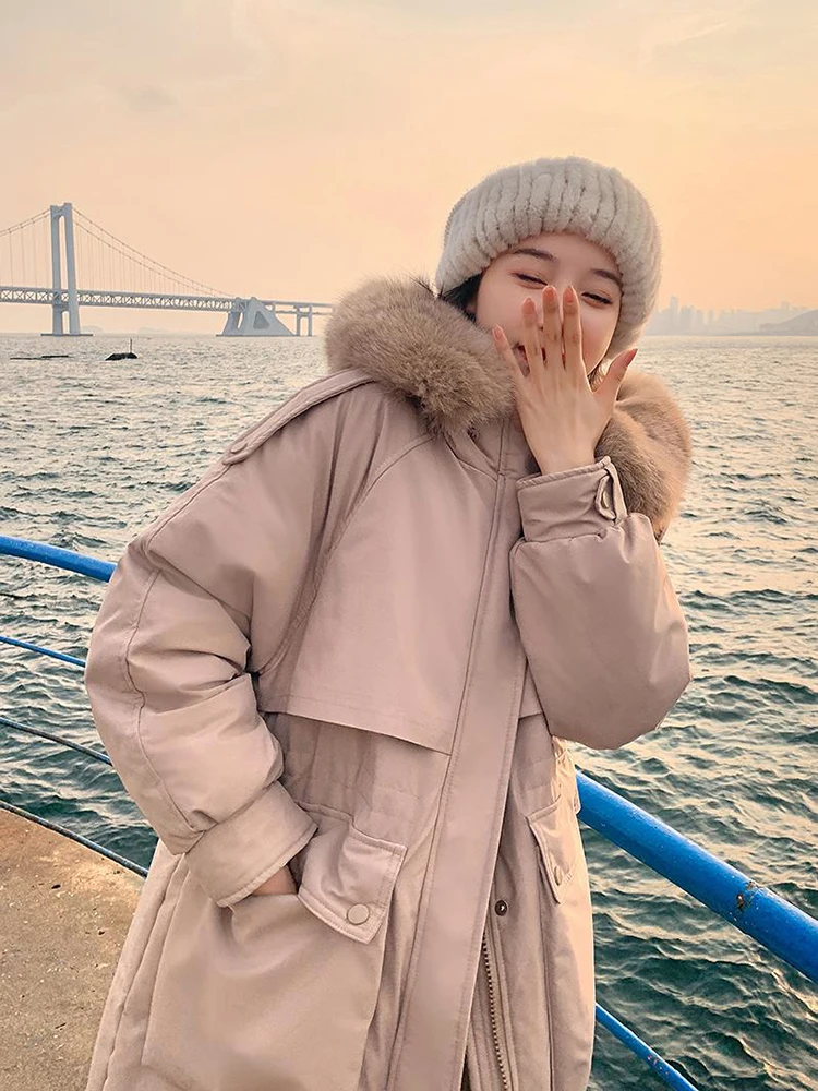 AOSSVIAO Winter Women Long Jacket Large Natural Fur Collar Hooded Parkas 90% White Duck Down Coat Thickness Snow Warm Outwear