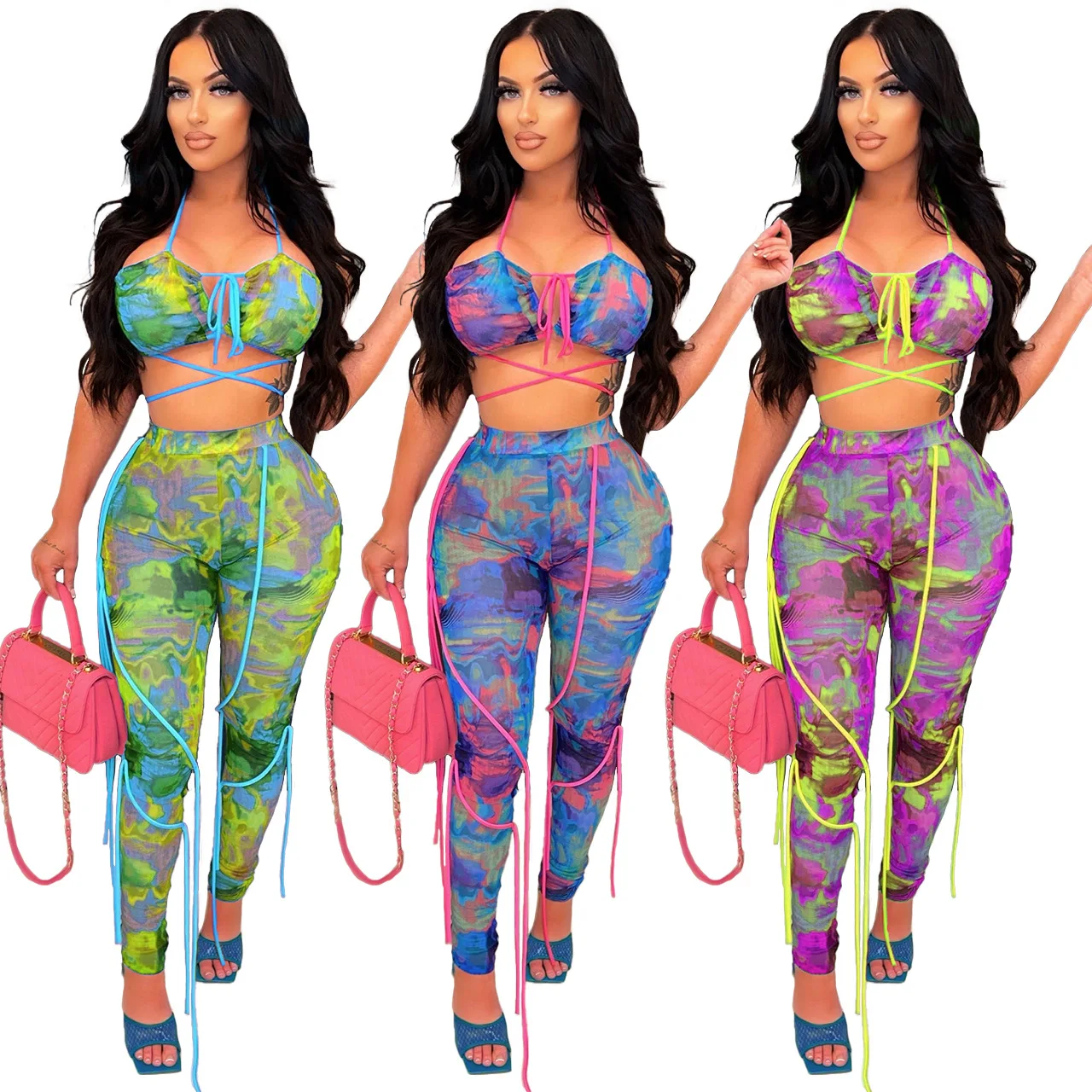 

New Chic Caged Legging Set Summer Outfits Womens Halter Neck Print Color matching ribbon Crop Top And Matching Pant Set Clubwear