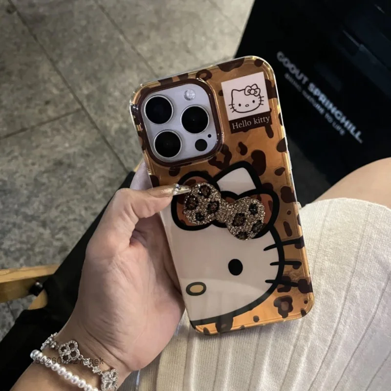 Sanrio Hello Kitty 3D Bow Rhinestone Роскошный чехол для телефона с леопардовым принтом IPhone 16 15 14