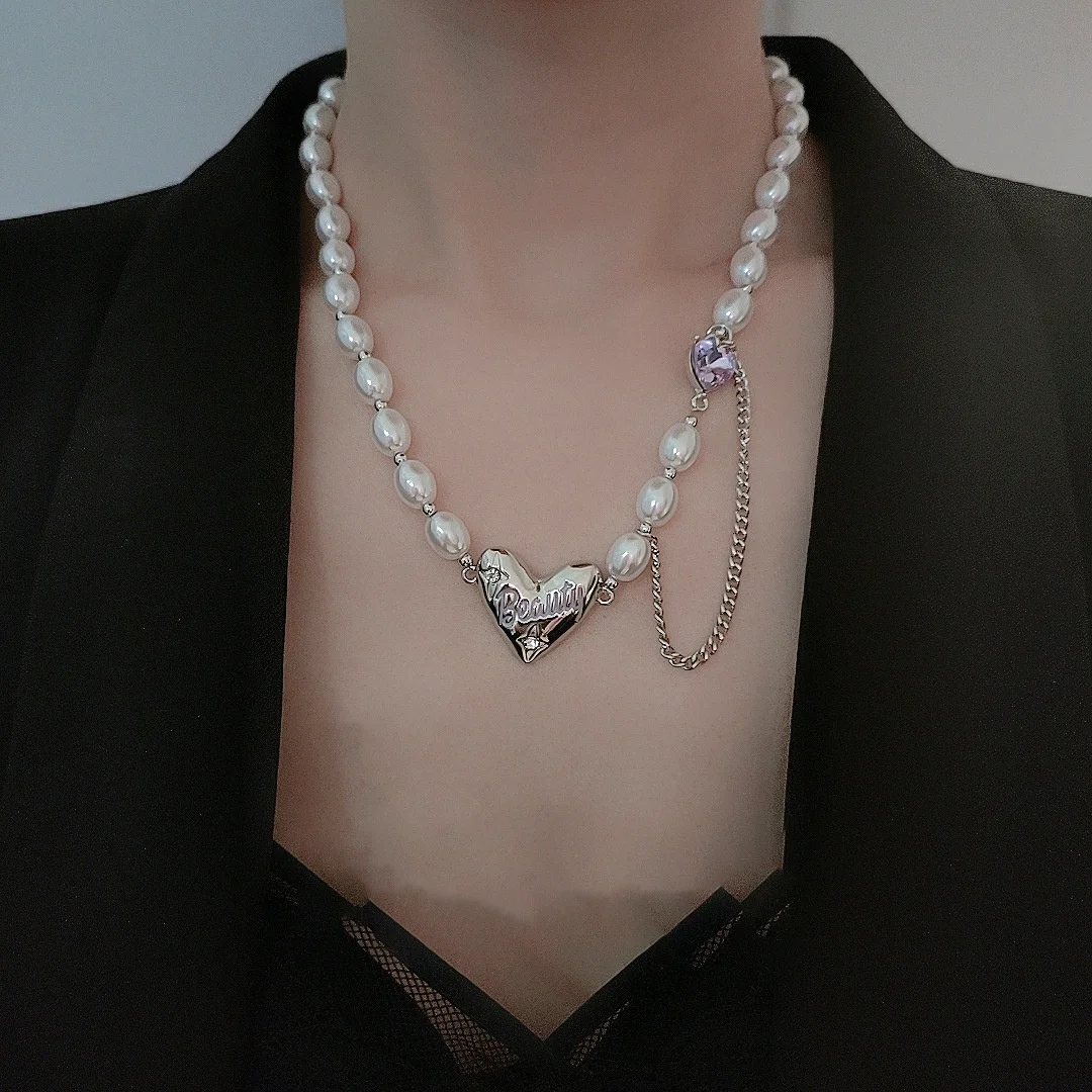 

kpop Pink Crystal Pearl bead Heart Pendant Necklace Clavicle Chain For Women Girl y2k Aesthetic Jewelry 2022 collier femme