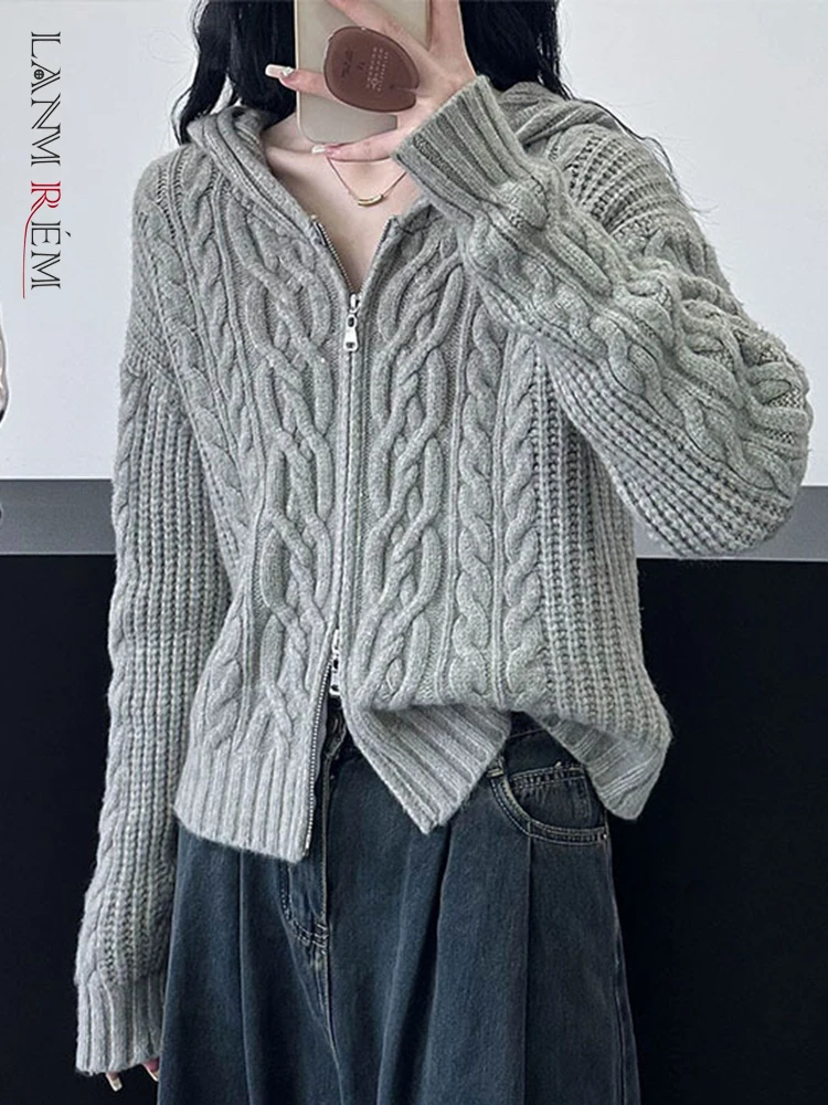 

Вязаный свитер LANMREM с капюшоном для женщин, однотонный Кардиган с длинным рукавом и двойной молнией, женские топы, Новинка осени 2023, 26D6378