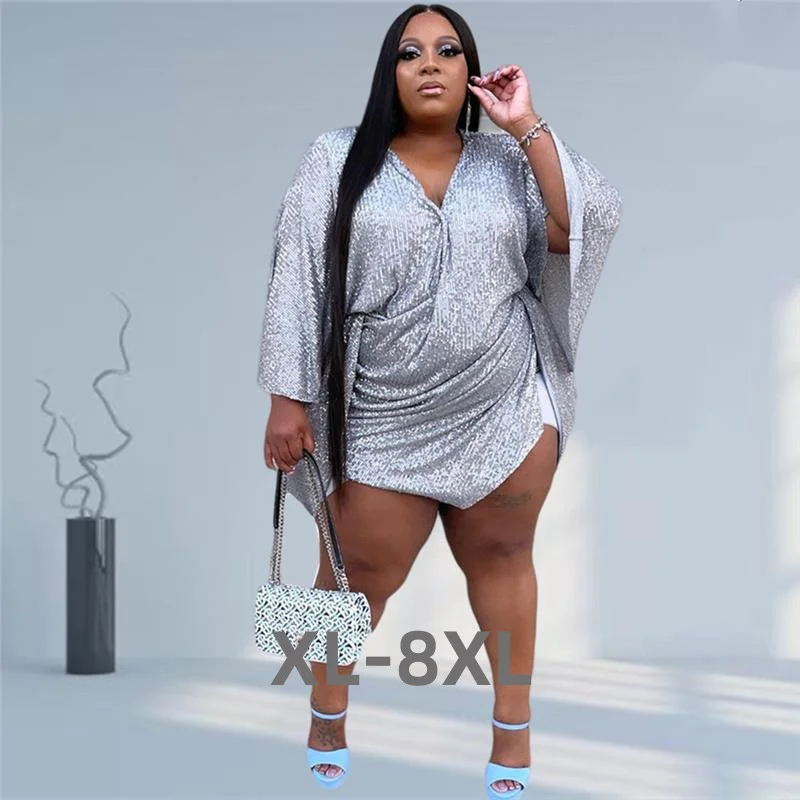 Plus Size New Party Dresses for Women Wholesale n Neck Long Sleeve Solid Sexy Mini Dress Club Outfits Fall Cl 3xl 4xl 5xl 6xl