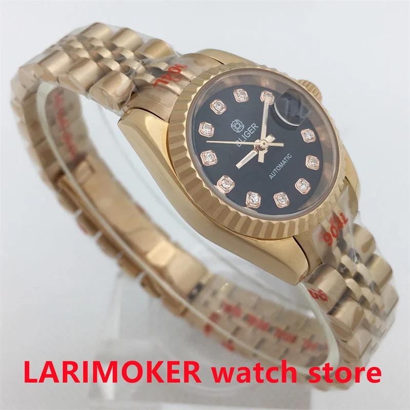 BLIGER Brand  Luxury 26mm Ladies Rose Gold Watch Diamond dial Date window Sapphire Glass NH05 Automatic Mechanical Ladies Watch enlarge