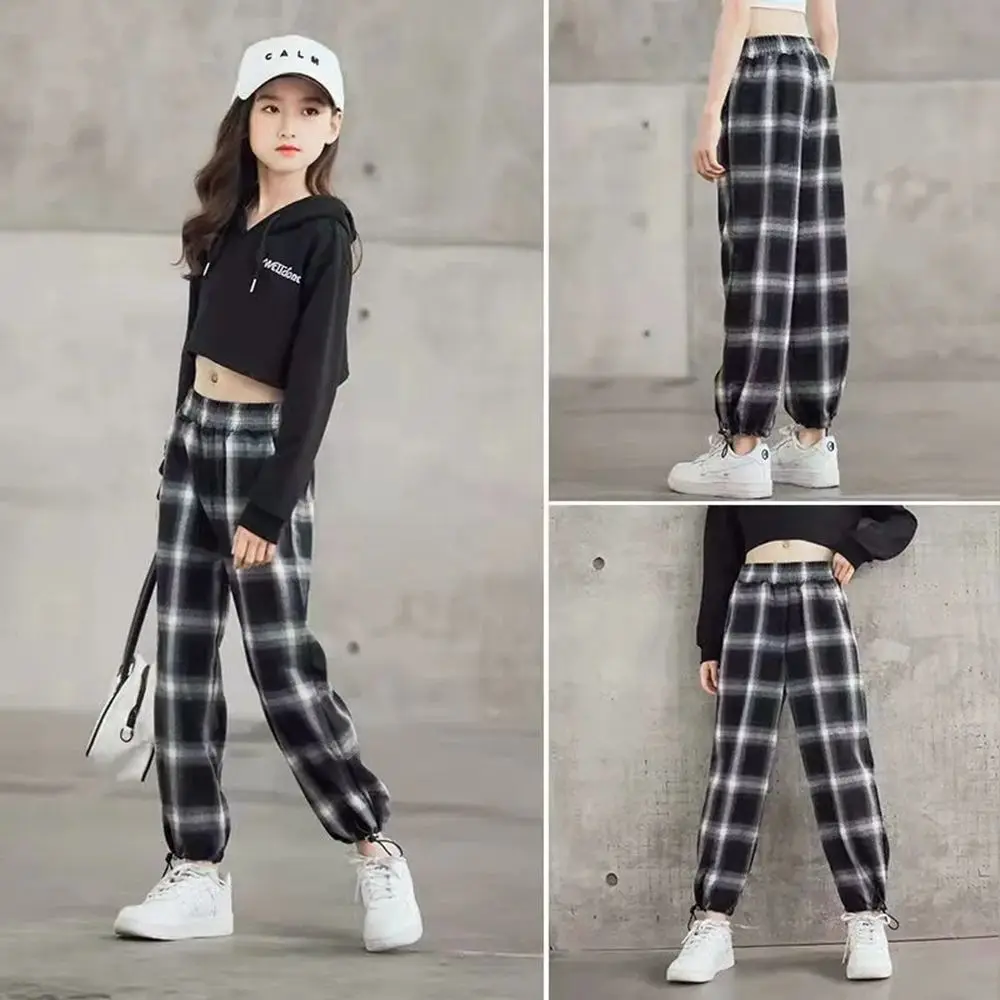 Весенние клетчатые брюки для девочек детская одежда подростков Свободные