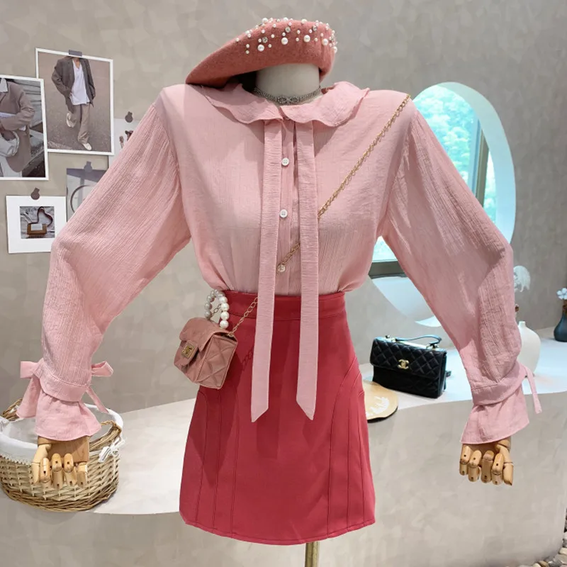 

New Women's Clothing 2022 Spring Long sleeved loose bow Shirt Top + high waist A-line skirt two-piece set