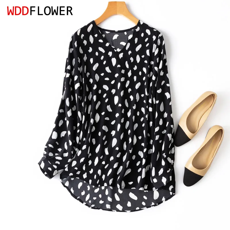 

Women 100% Mulberry Silk 19 momme Thick Crepe Silk Loose type Black Print V Neck long sleeve shirt Top Blouse office work MM350