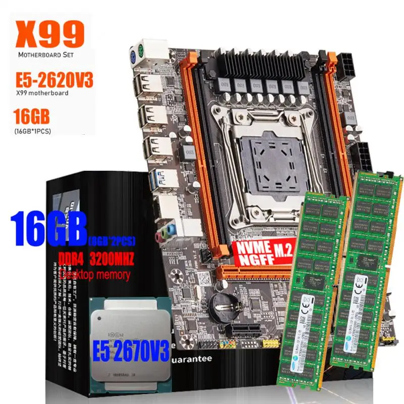 

X99 Motherboard Set Xeon E5 2620 V3 LGA 2011-3 CPU 1 * 16GB =16GB 3200MHz DDR4 DIMM Memory E5 2670 V3 Motherboard USB3.0 Server