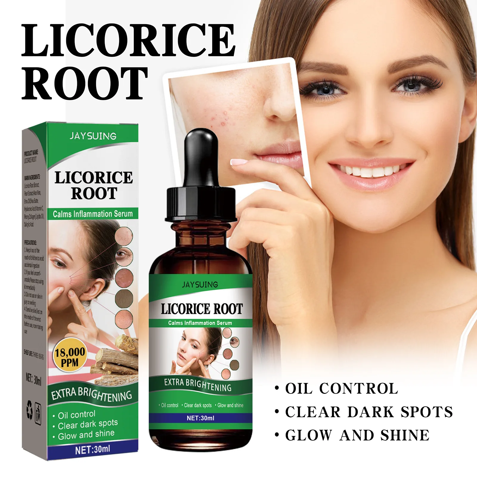 

30ml Licorice Root Serum Oil Control Clear Dark Spots Improve Acne Prone Skin Lighten Brighten Colour Smoothes Fine Lines Beauty