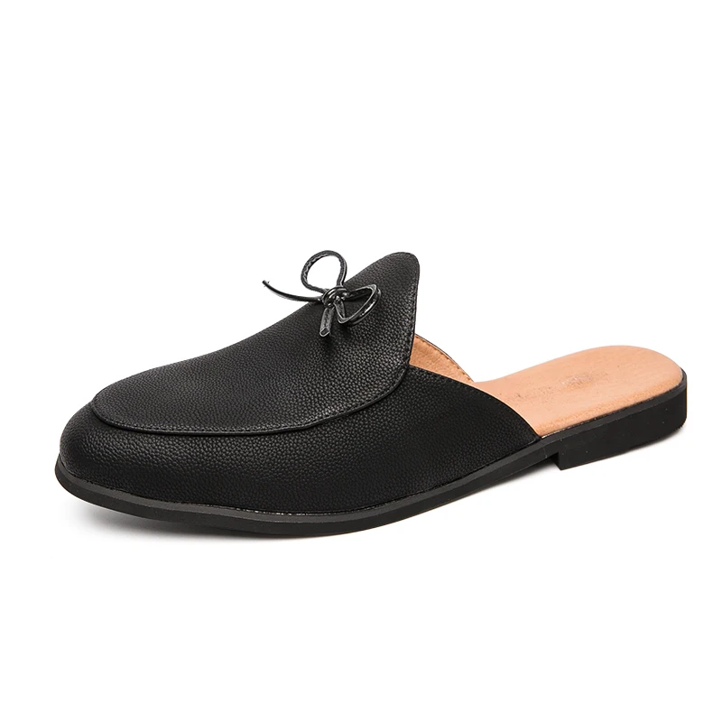 

Summer New Brand Fashion PU Leather Casual Mules For Men Male Breathable Comfy Half Loafer Slipper Low-heel Retro Leisure Sandal