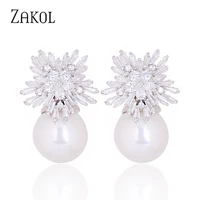 zakol korea fashion round simulated pearls snowflake drop earrings for elegant women cz zirconia bridal wedding jewelry ep075