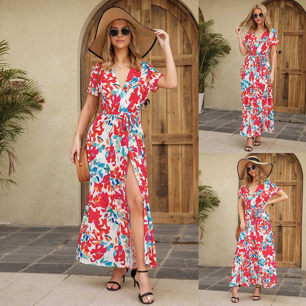 

2022 Women Summer Boho Maxi Long Split Dress with Waist Belt Plain Short Sleeve Ruched V-Neck Loose Dress Ladies Fashion Dress