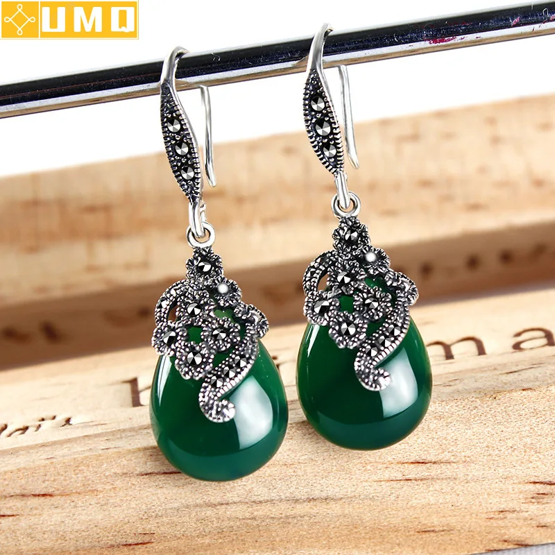 

Famous Brand Natural Semi-precious Stones 925 Sterling Silver Earrings Flowers Green Opal Chalcedony Retro Women Jewelry