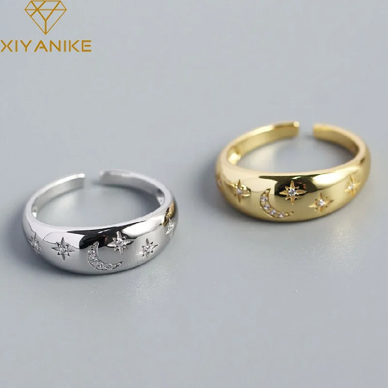 

XIYANIKE 2022 Shiny Rhineston Moon Star Open Cuff Finger Rings For Women Girl New Fashion Adjustable Jewelry Gift кольцо женское