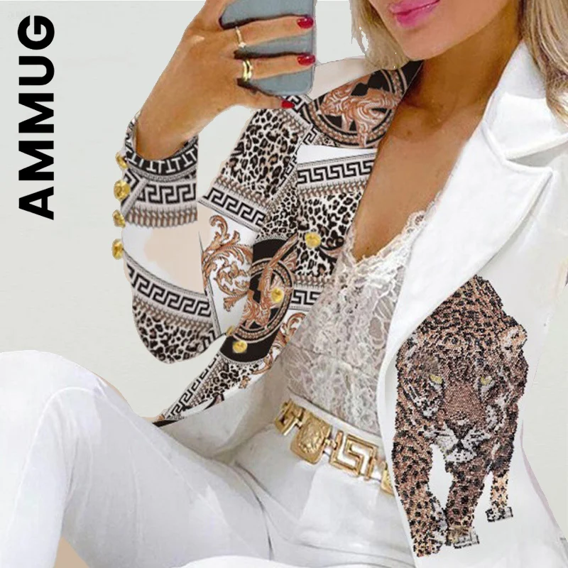 

Женский спортивный костюм Ammug из двух предметов с принтом головы тигра и двубортных брюк с отложным воротником