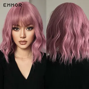 Emmor  Synthetic Short Pink Wave Wigs with Bangs Natural Soft Hair Wig for Women Cosplay Wigs High Temperature Fiber