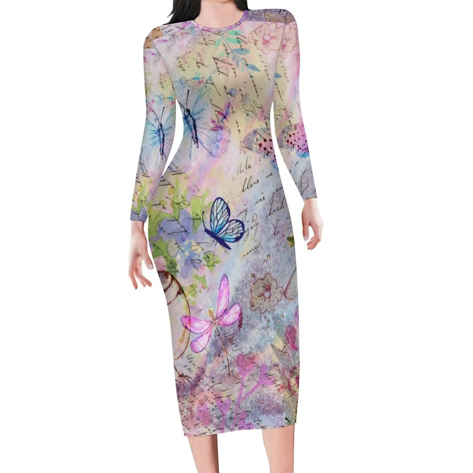 

Платье-бабочка в стиле ретро, облегающее уличное платье с цветочным принтом, с розами, с птицами, праздничное милое платье с длинным рукавом, с графическим принтом, большие размеры