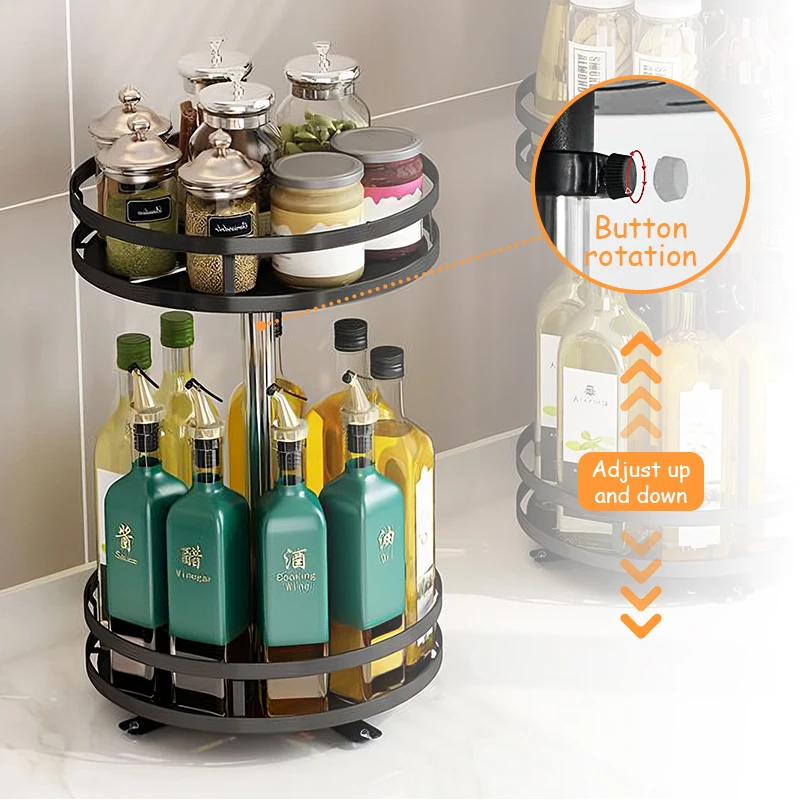 

360°Rotation Spice Rack Non-Skid Carbon Steel Seasoning Bottle Jar Cans Plate Tray Shelves Storage Organizer Kitchen Accessories