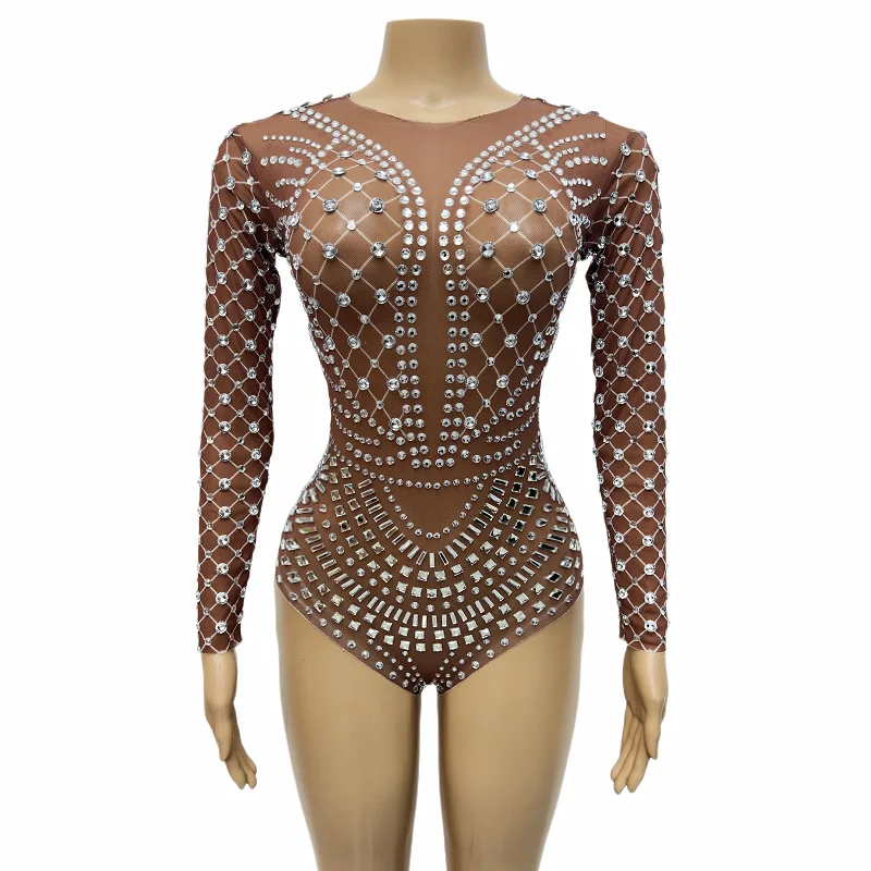 

Brown Mesh Rhinestones Sexy Leotard Female Singer See Through Bodysuit Outfit Birthday Evening Show Costume Celebrate