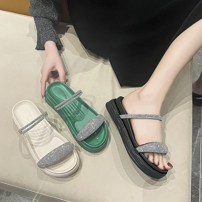 

Женские нескользящие сандалии на каблуке, бежевые сандалии на среднем каблуке, роскошные пляжные туфли черного цвета на толстой подошве дл...