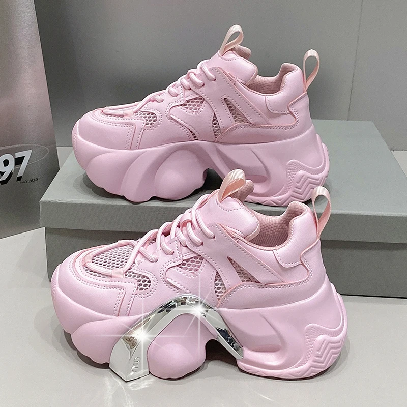 

Fashion New Women Lace-up Chunky Sneakers Designer White Dad Shoes High Platform Mesh Shoes Summer Breathable Casual Sport Shoes
