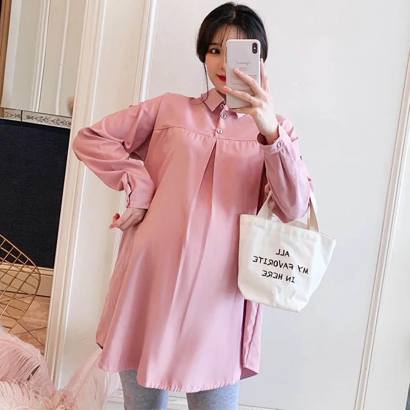 Solid Maternity Blouse Loose Style Fashion Pregnancy Top Adjustable Sleeves Spring Summer Pink Long Shirts For Pregnant Women enlarge