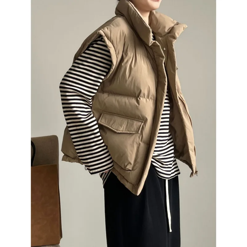 

Зимний свободный хлопковый жилет с воротником-стойкой, Женский Свободный жилет на завязках без рукавов, стандартное пальто на молнии