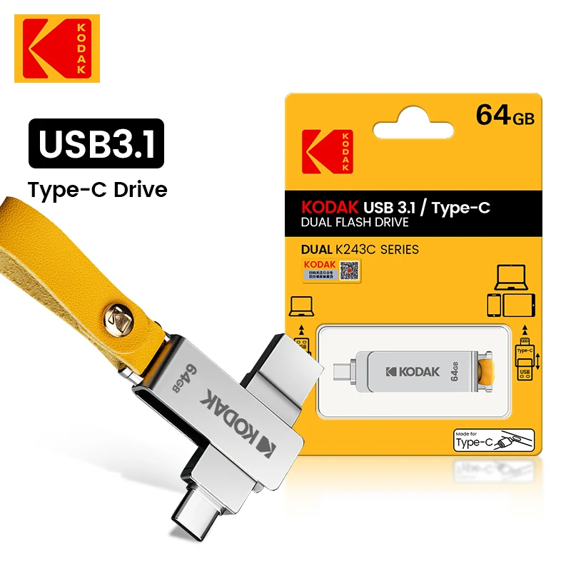 10pcs Kodak K243C Metal USB3.0 USB Flash Drive 64GB Pendrive 64gb Type c flash drive landyard for keys cle usb for smartphone