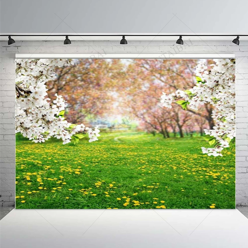 

Spring Scenery Photography Backdrop Natural Scene Green Lawn Flowers Decorate Room Supplies Vinyl Cloth Banner Poster Booth Prop