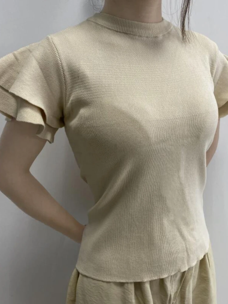 Woherb Летние Осенние вязаные топы женский короткий свитер с оборками и летящими