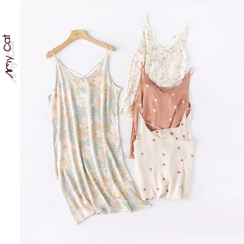 

Женская атласная пижама на бретельках, облегающая Длинная Ночная сорочка из вискозы с принтом и перекрестной спиной, пикантная Пижама, лето 2023