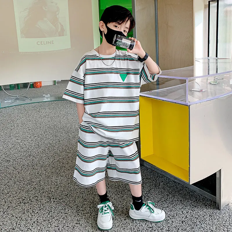 Children Clothing Sets Summer Boys Short Sleeve Striped T Shirts + Shorts Loose Casual High Quality Teenage Kids Clothes Outfits