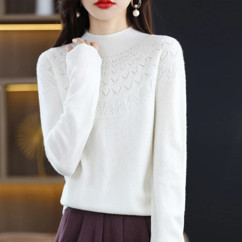 Женский Однотонный Шерстяной Трикотаж Эластичный Пуловер С Воротником-стойкой