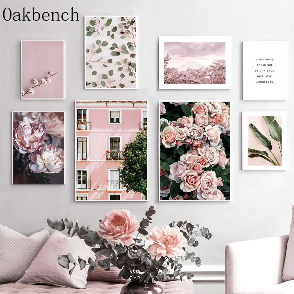 

Розовый холст, плакат с цветами, художественные принты, пион, холст, плакат с листьями, стена, искусство детской одежды, плакат в скандинавском стиле