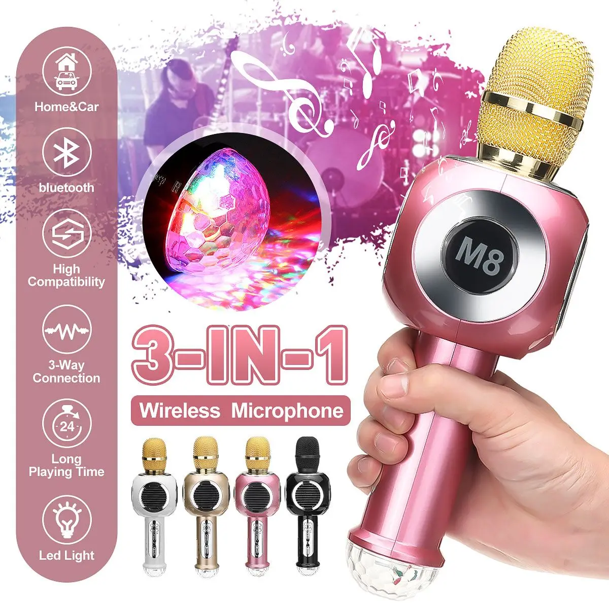 

Wireless Karaoke Microphone Bluetooth Handheld Portable Speaker Home KTV Player with Dancing LED Lights Record Function for Kids