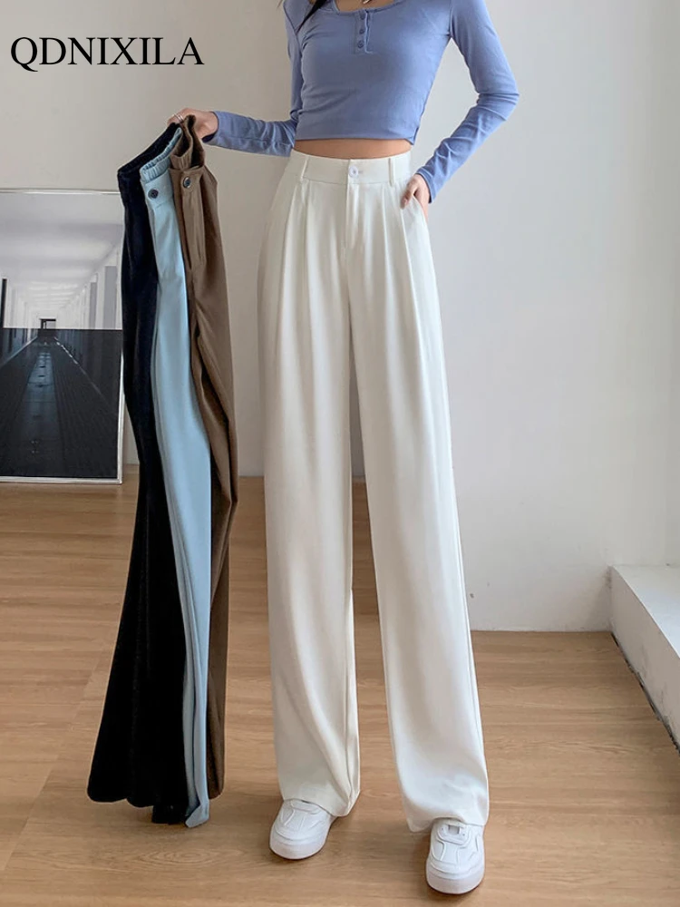 

2023 Spring Autumn White Wide Leg Women's Pants Korean Style High Waist Thin Suit Pants Straight Loose Sagging Feeling Trousers