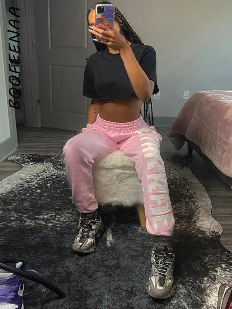 

BOOFEENAA уличная одежда с буквенным принтом Спортивные штаны 2023 Зимние Модные женские джоггеры повседневные графические брюки с высокой талие...