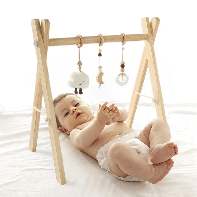1Set Wooden Baby Play Gym Foldable Frame Activity Gym Cartoon Animal Hanging Toys Nursing Gifts Stroller Accessories Baby Toys
