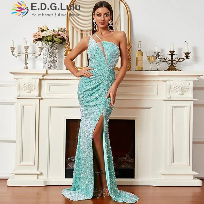 

EDGLuLu Summer One Shoulder Light Blue Mermaid Evening Dresses For Women Sexy Elegant High Slit Long Sequins Party Dress 0702