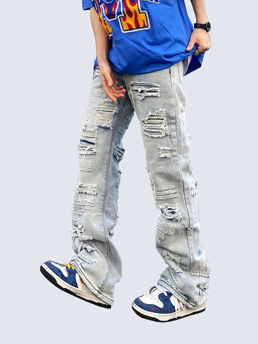 Stylish Men's Hip-hop Jeans with Distressed, Worn-out, Loose, and Wide-leg Design - Perfect for Skateboarding and Streetwear