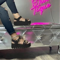 2022 new summer comfortable casual metal buckle round toe mid heel wedge womens sandals women shoes chain ladies sandals