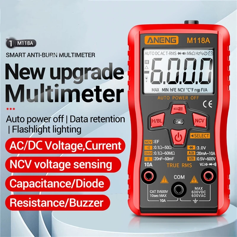 

ANENG M118A Digital Mini Multimeter Tester Auto Mmultimetro True Rms Tranistor Meter with NCV Data Hold 6000counts Flashlight