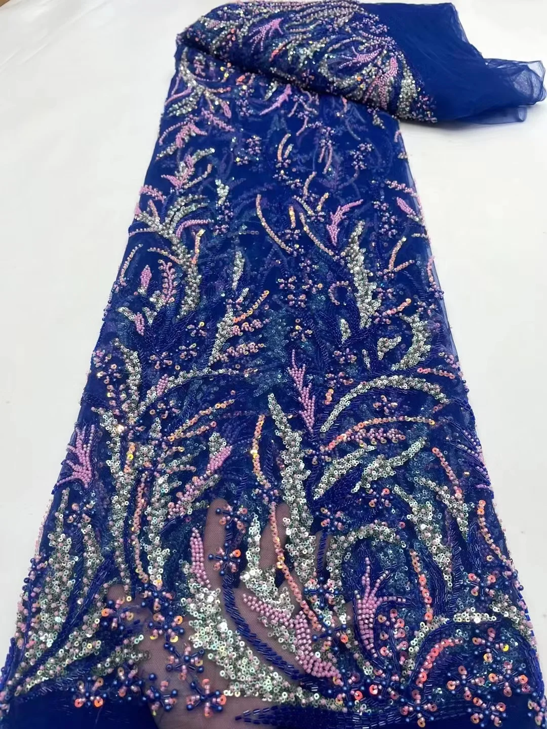 

African French Tulle Lace Fabric With Sequins Embroidery Beads High Quality Nigerian Luxury Bridal Lace Fabric Material PL093-7