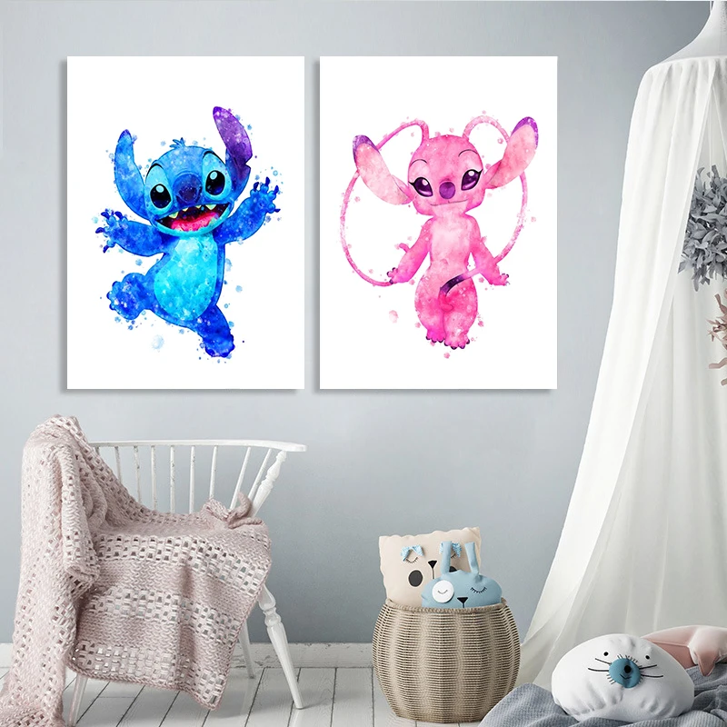 

Stitch Print Ohana Means Family Watercolor Poster Stitch Lilo Canvas Painting Nursery Wall Art Print Mural for Kids Bedroom Deco