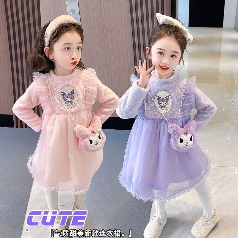 

Girls Kuromi Winter Dress Fashionable Sweet Cartoon Sanrio Anime Kawaii Mink Fleece Mesh Plush Thickened Princess Dress Bag Gift