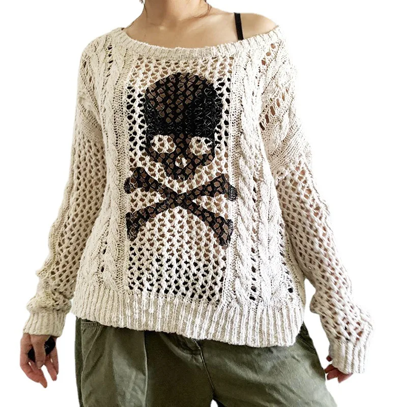 Женский свитер с вырезами вязаный пуловер в готическом стиле панк принтом черепа