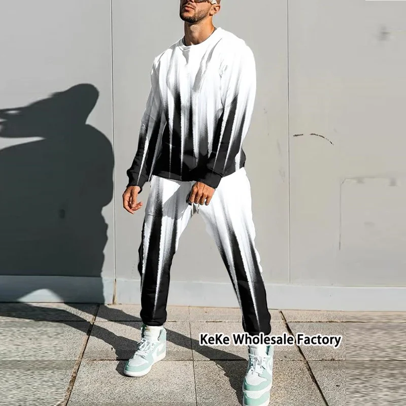 New Fashion Men's 2-Piece Tracksuits Design Style Streetwear Lattice Printed Set Long Sleeve Suit Summer Casual Trousers Outfits