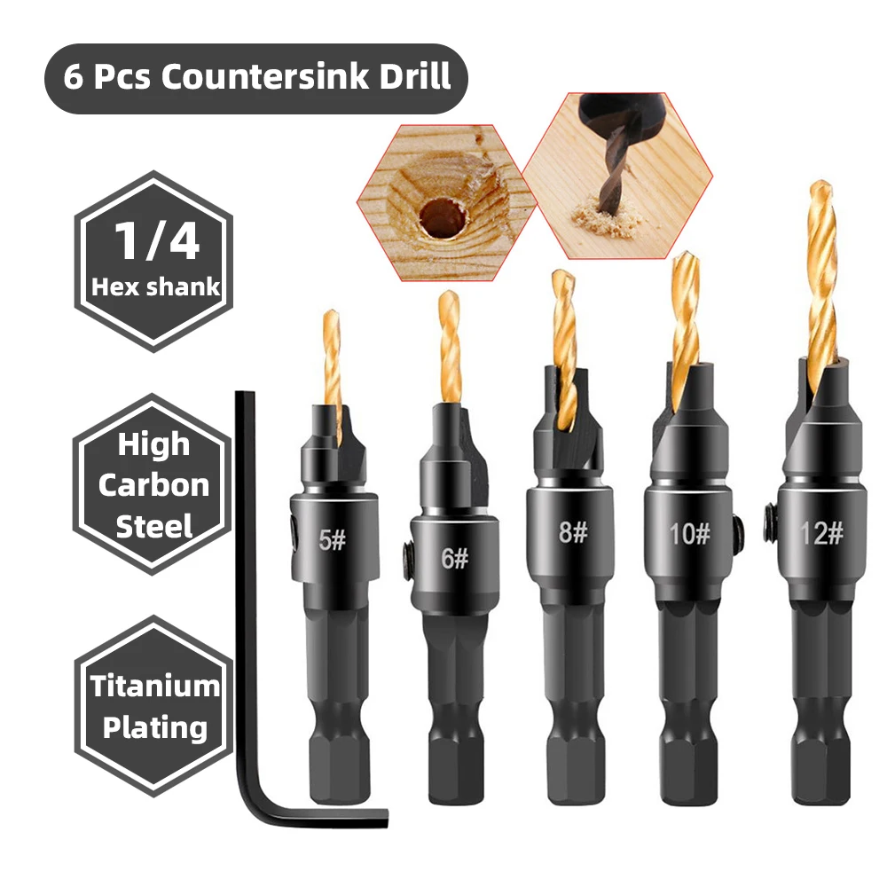 6Pcs Countersink Drill Woodworking Carpentry Tool Metal Drill Bit Set Drilling Pilot Holes For Screw Sizes #5 #6 #8 #10 #12