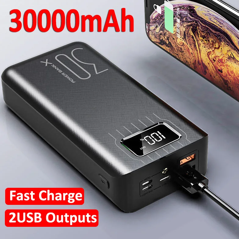 

Fast Charging Power Bank Portable 30000mAh Charger 2.1A Digital Display External Battery Pack Flashlight for Xiaomi IPhone