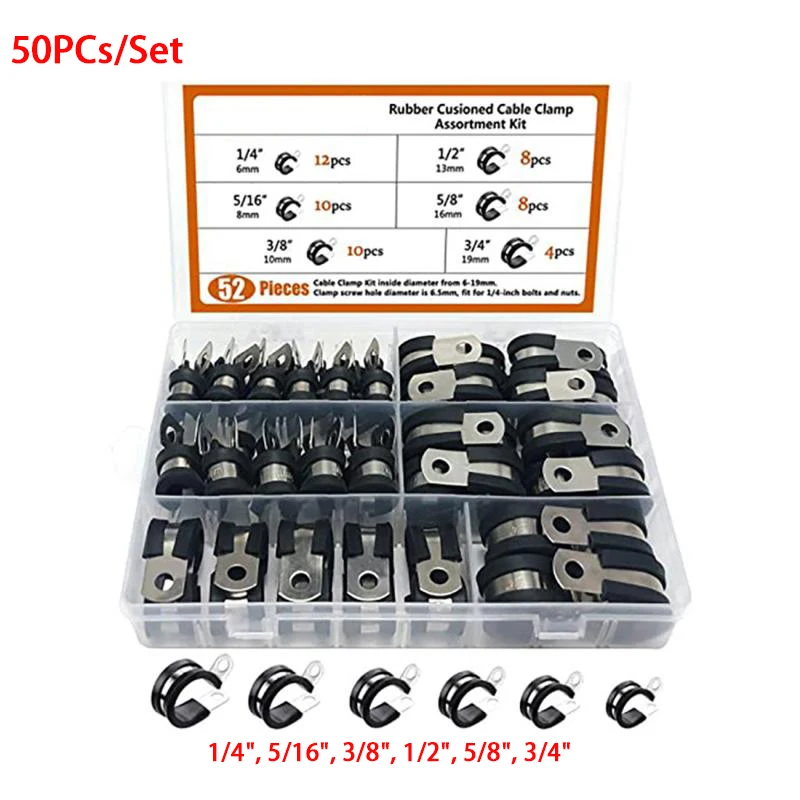 

52PCs Cable Clamp Rubber Cushion Insulated Clamp Stainless Steel Metal Clamp for Industrial Hoses Steel Pipes Cables