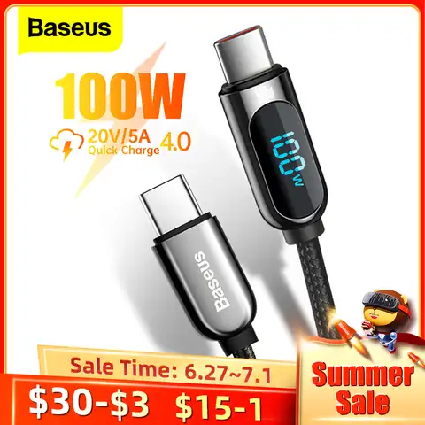 USB-кабель Baseus со светодиодным дисплеем и поддержкой быстрой зарядки, 5 А